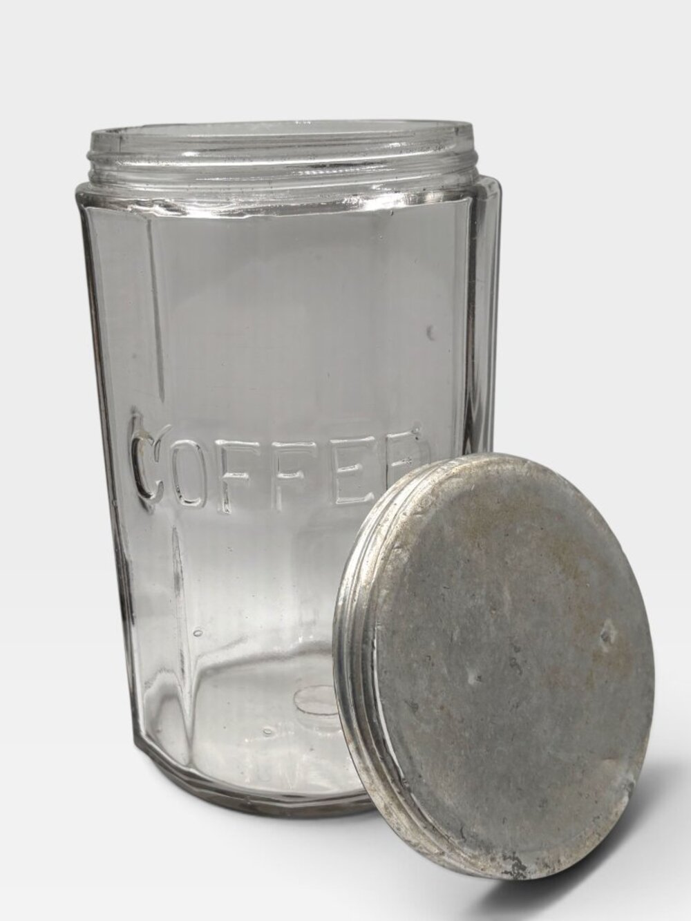 Vintage Hoosier Style Paneled Coffee Jar with tin lid Light Amethyst Glass